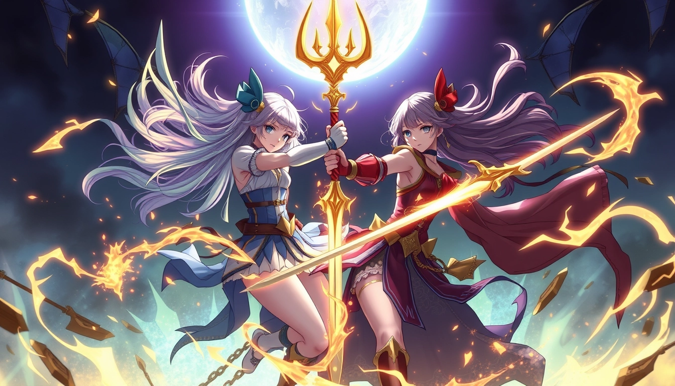 2 girls fighting, magical, dark, and gold magic, trident, swords. - Image