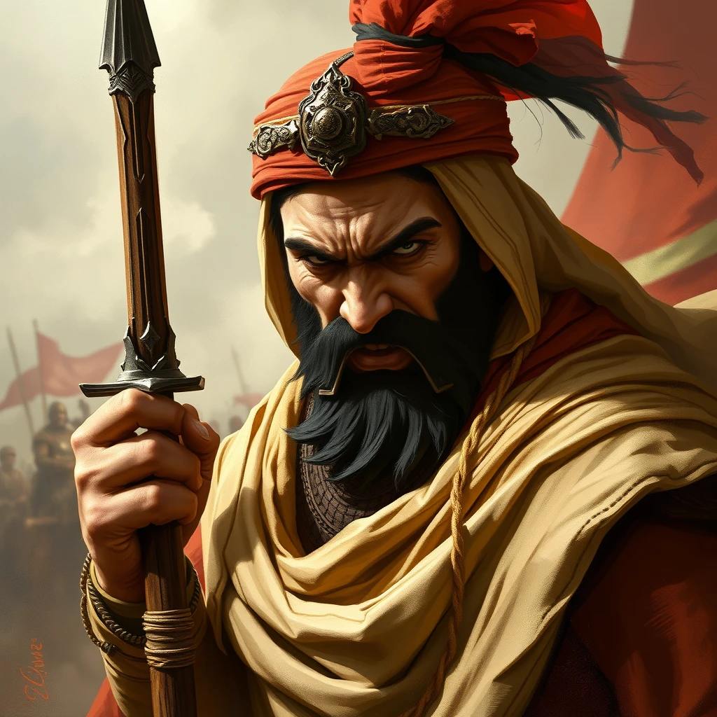 Depict a powerful and determined Shia Muslim warrior, exuding an alpha presence. The warrior should have an intense expression, showcasing anger and determination. The background can be a dramatic battlefield or a historical setting that emphasizes the warrior's strength and valor. - Image