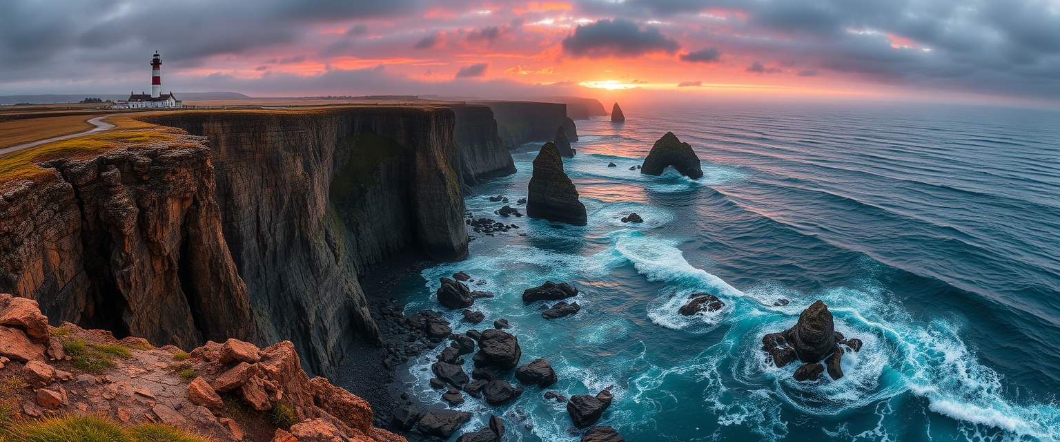 Awe-inspiring, rugged coastline, rocky cliffs, crashing waves, high quality, photorealistic, dramatic, wild, seagulls, stormy, panoramic, breathtaking::1.2 tide pools, sea stacks, hidden caves, coastal hiking trails, lighthouse, mist, vibrant sunset. - Image