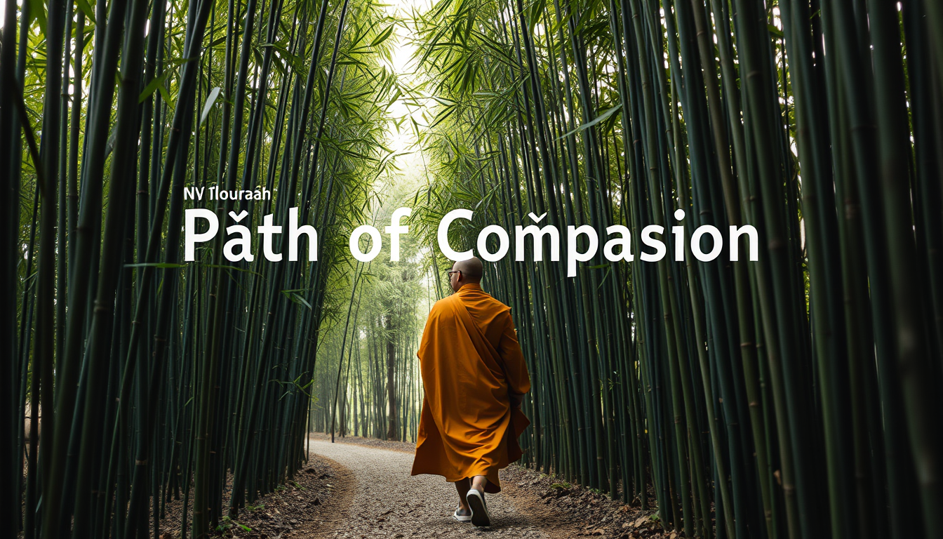 Follow a monk walking through a bamboo grove. As he walks, the bamboo leaves rustle to form the words "Path of Compassion" in Vietnamese, then disperse as he passes. - Image