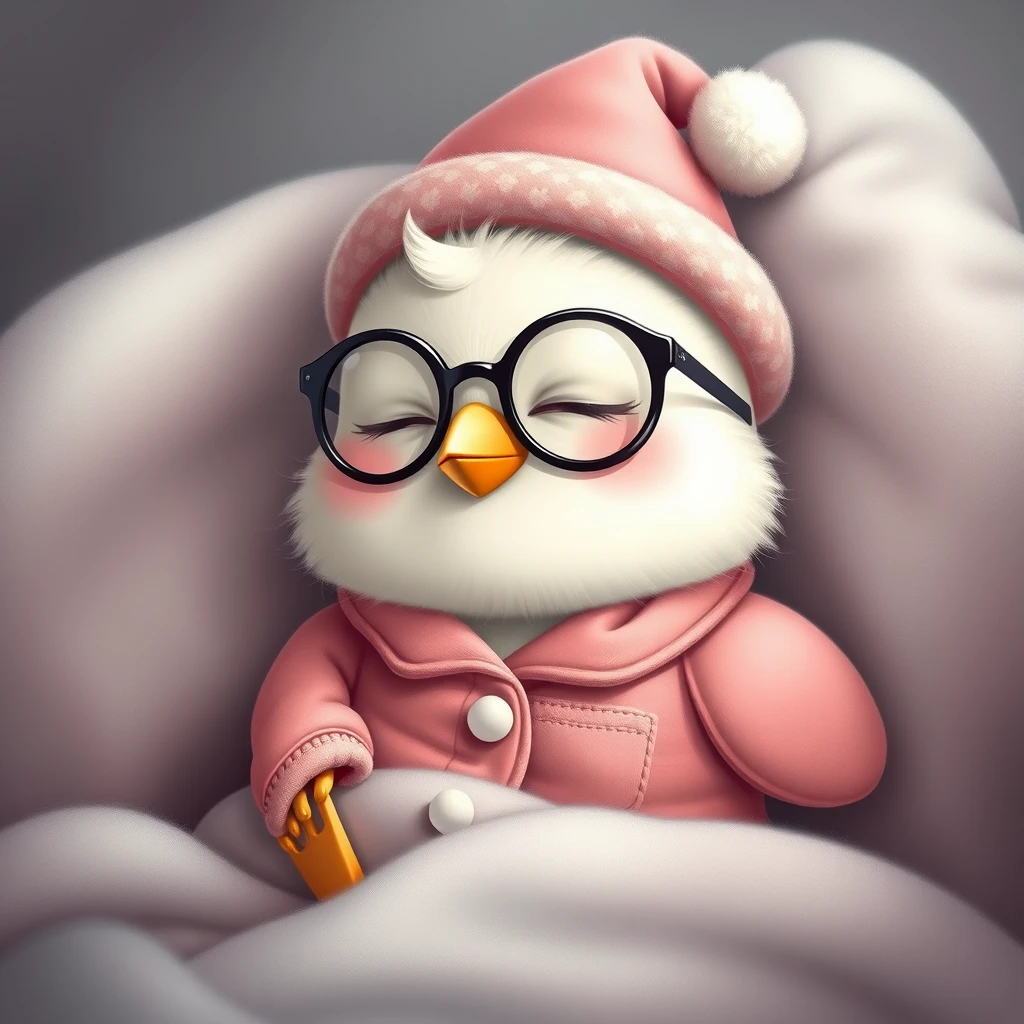 "Realistic image of a sweet, cute little Kawaii bird with glasses, wearing a beautiful pajama and a sleepy hat, happily sleeping in its cute little bed." - Image