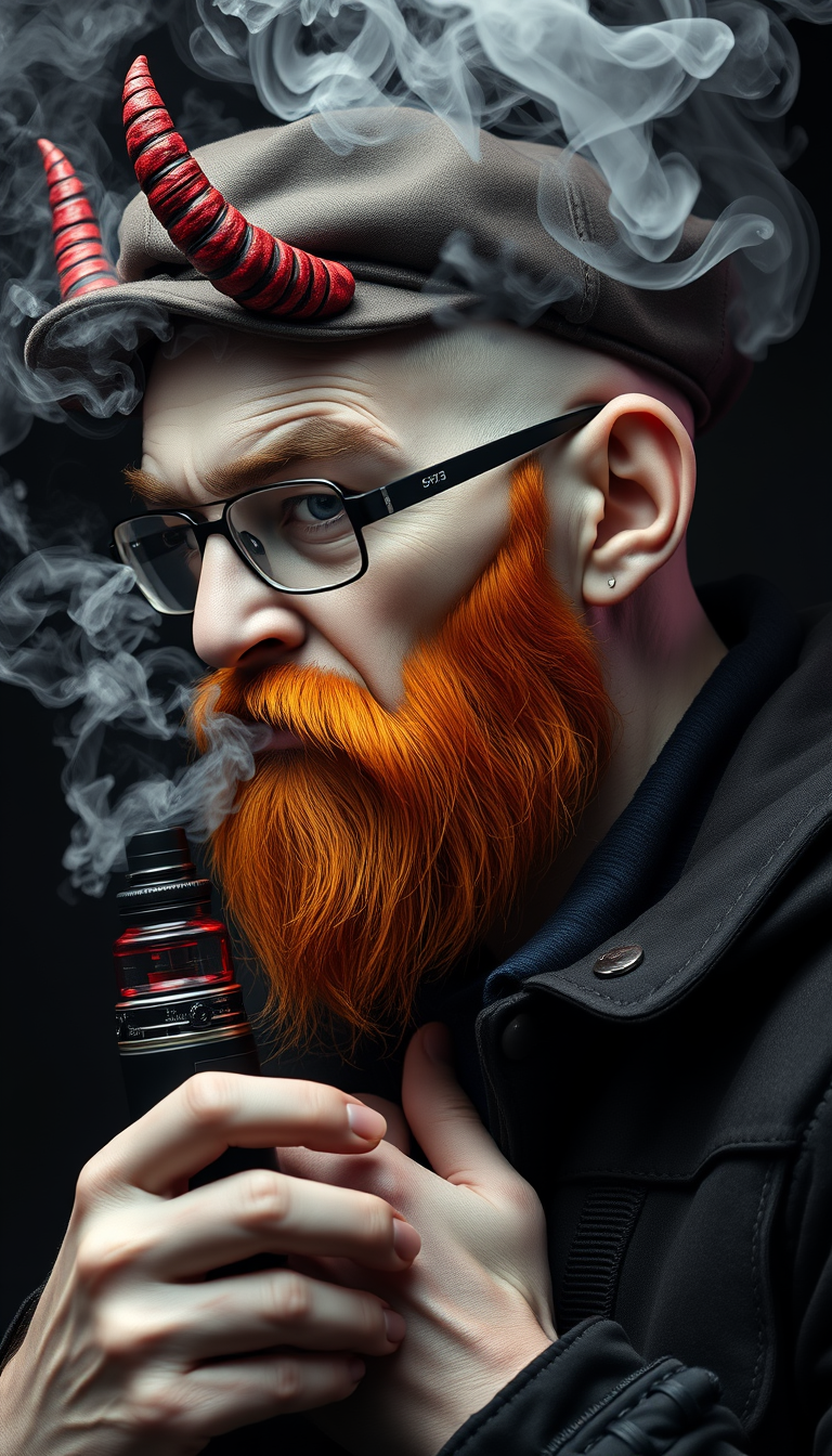 Three-quarter view of a sinister, bald human male with necromancer lich features. Demonic horns and a short fiery ginger beard contrast with dark eyebrows. He wears a weathered flatcap and aviator glasses. He clutches a sleek vape mod, exhaling dense, swirling vapor clouds. Vibrant e-liquid drips off his pale skin, creating a colorful aura. - Image