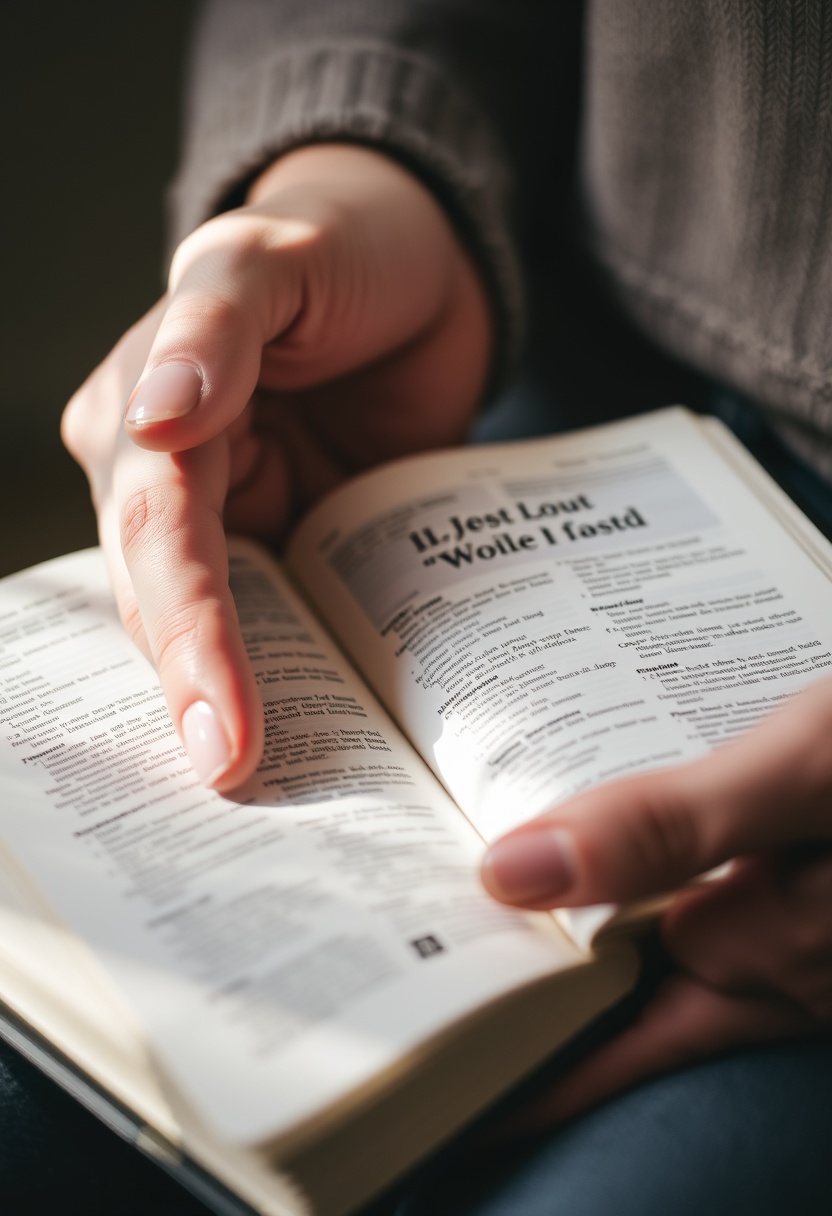 Depict a close-up of a person's hands holding an open Bible, with light shining on the pages.