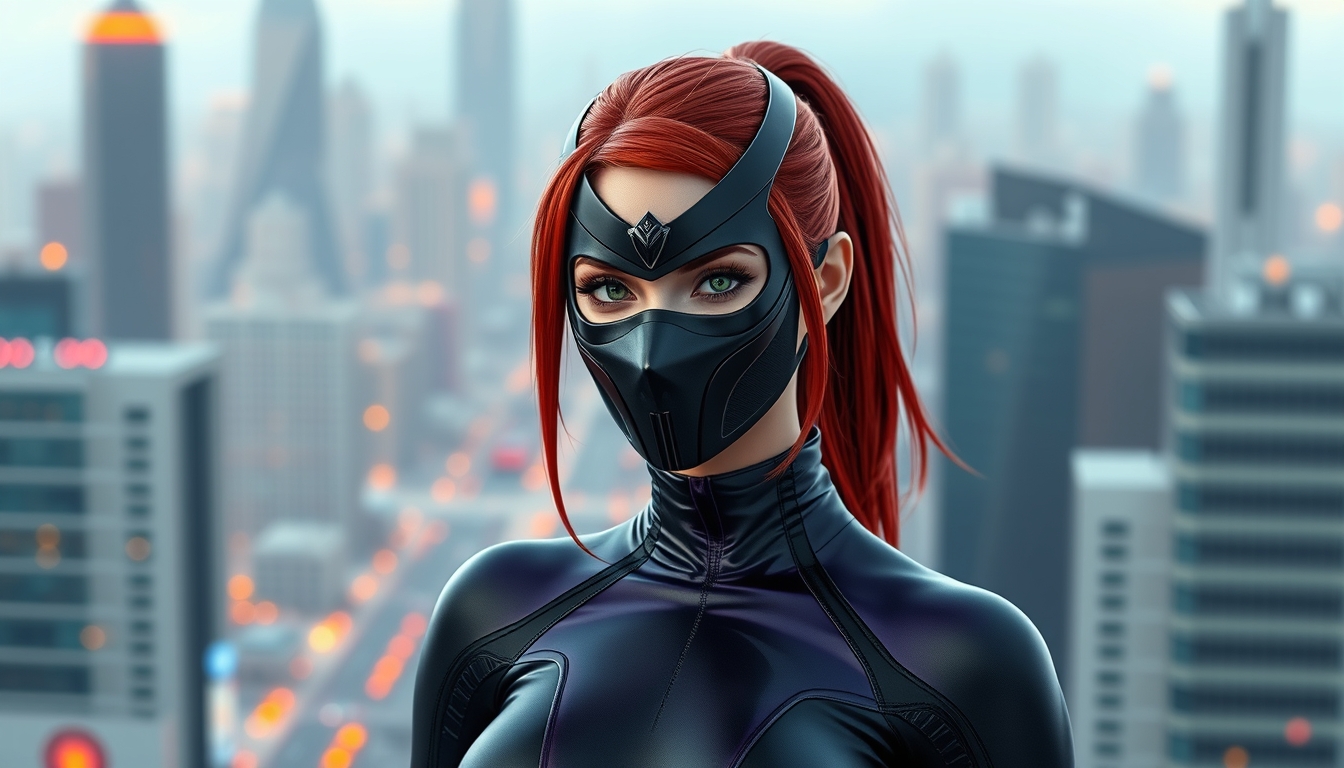 I used Flux AI Image Generator to create this image of a woman with red hair and green eyes wearing a black metallic mask. She's dressed in a skintight black and purple spandex suit that has a high collar and long sleeves. She's standing perfectly straight. The background features a futuristic city. I love this image; it's like something out of a fantasy movie.