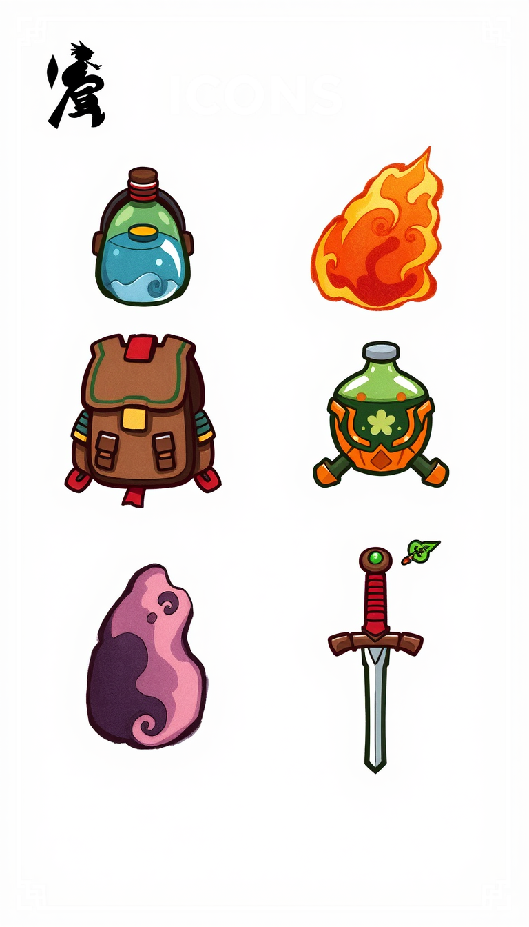 Design a set of game feature icons that blend Chinese ancient style with realism, ensuring the icons are clear and detailed in 8K resolution. Use a colorful ink wash painting style with detailed coloring, hand-drawn bold outlines, and a cute graphic novel aesthetic. Include icons for ancient backpack, potion bottle, elixir, and sword.