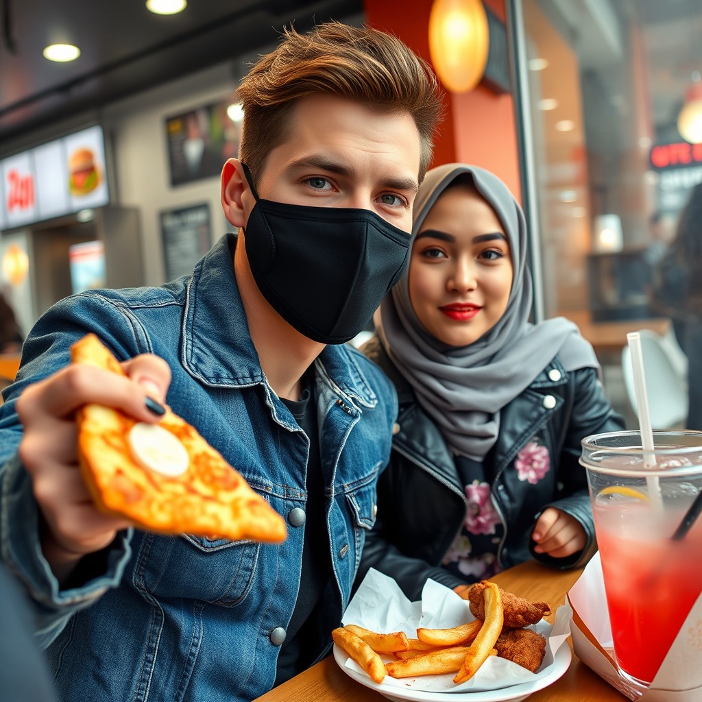 Jamie Dornan's head and body shot, handsome, young, black face mask, blue jeans jacket, jeans, dating love with a Muslim girl in a grey hijab, beautiful eyes, black face mask, black leather jacket, biggest floral skirt, at a fast food restaurant, slice of cheese pizza, plate of Korean fried chicken and fries, glass of soft drink, photorealistic, hyper realistic, street photography, selfie. - Image