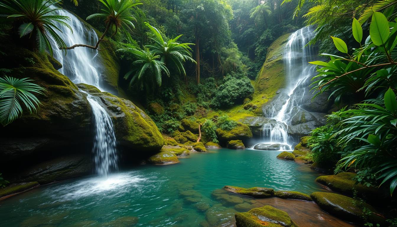 rfall, cascading, clear water, lush greenery, high quality, photorealistic, hidden oasis, serene, rainforest, breathtaking, secluded::0.8 moss-covered rocks, tropical plants, natural pools, jungle trails, mist, - Image