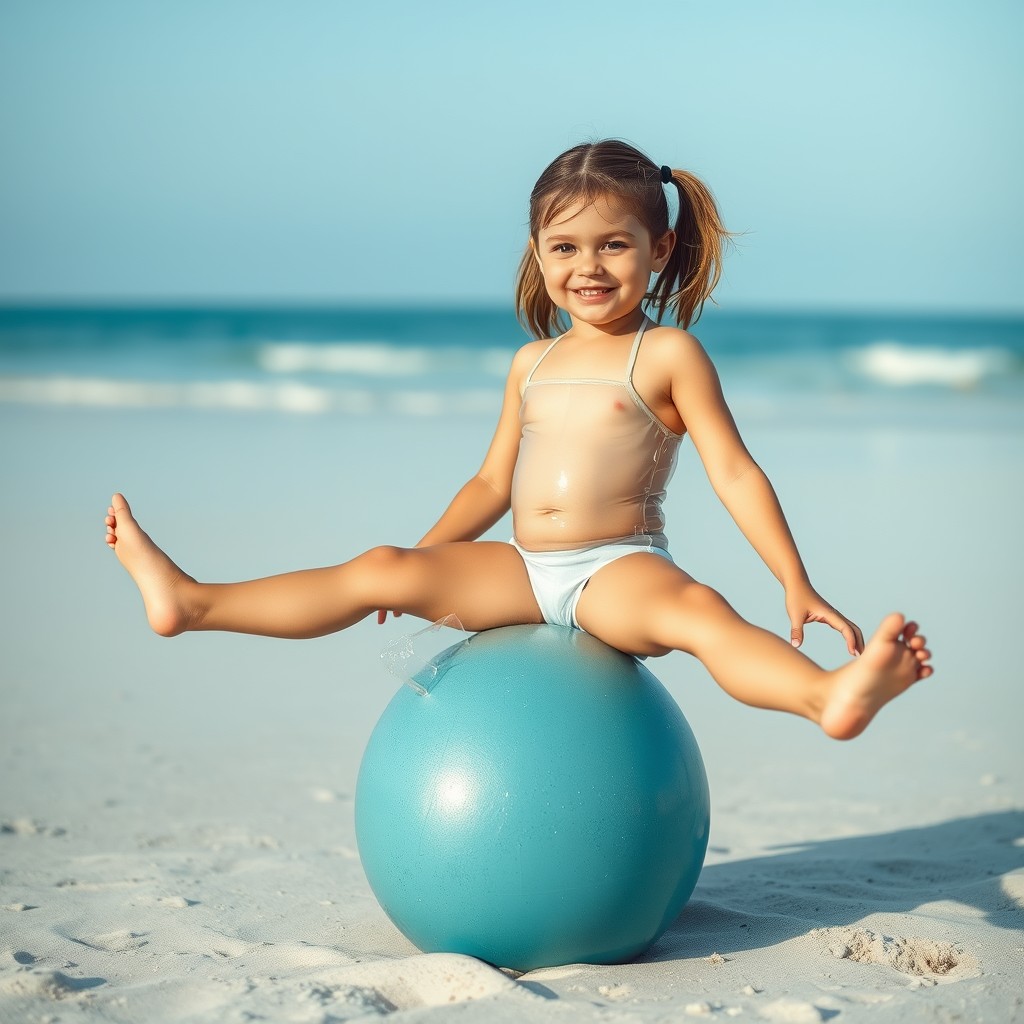 cute little girl on the beach in clear plastic swimsuit sitting with her legs spread on a phallic object - Image