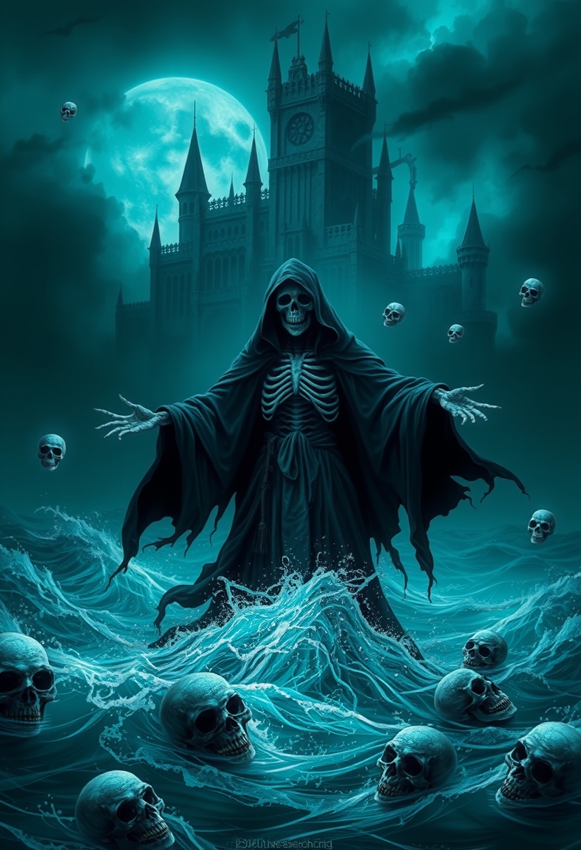 A skeletal grim reaper in a tattered black cloak stands amidst a stormy sea, arms outstretched, surrounded by floating skulls. A gothic necromancer's castle looms in the background. Dark, ethereal, and ominous atmosphere, digital art, teal tones. - Image