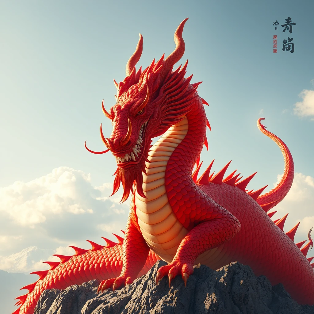 A gigantic red dragon, spanning a thousand miles, showcases its immense body and endless majesty, covered in red scales that shimmer in the sunlight, bright and fiery. With a human-like face, it stands out uniquely among many divine beasts. Its eyes are long and vertical, exuding an air of supreme dominance, and its mouth can open very wide, revealing sharp teeth and a flame-like tongue, while its head is adorned with horns and whiskers. The image embodies the grandeur, mystery, and power of the Zhu Long. The overall figure of the Zhu Long can be seen, standing on a high mountain and roaring towards the sky.  
Additional text description: "Shan Hai Jing - Zhu Long."