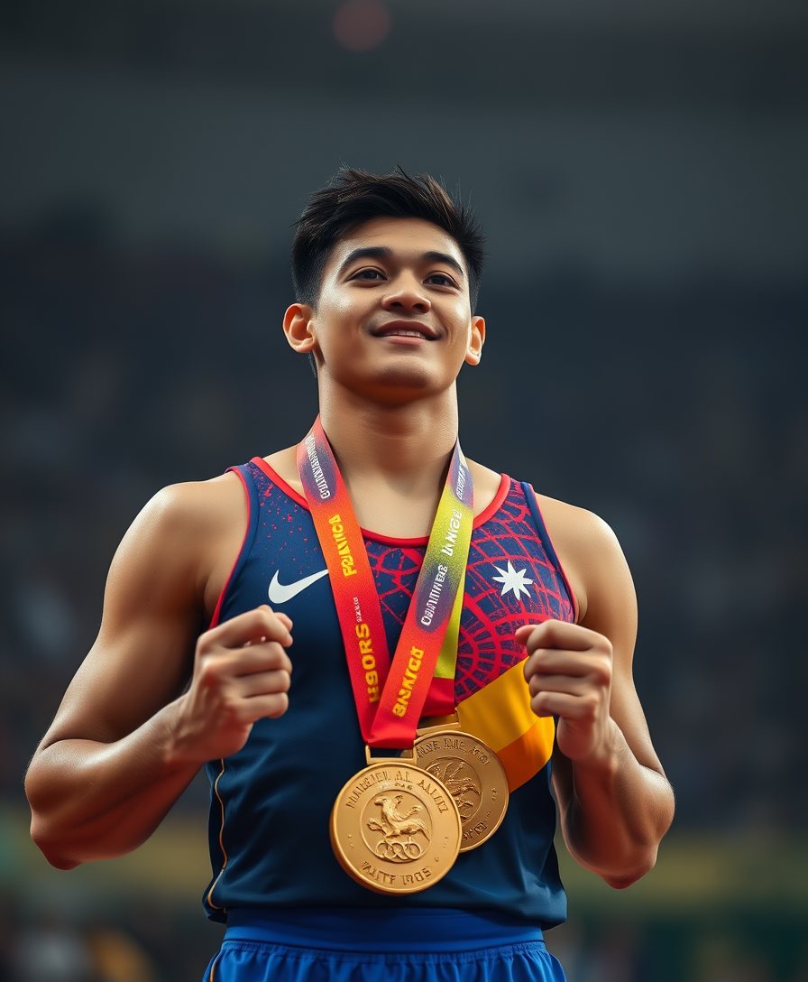 Filipino male gymnast proudly wearing two gold medals at an Olympic awarding ceremony, dramatic cinematic bokeh photo. - Image