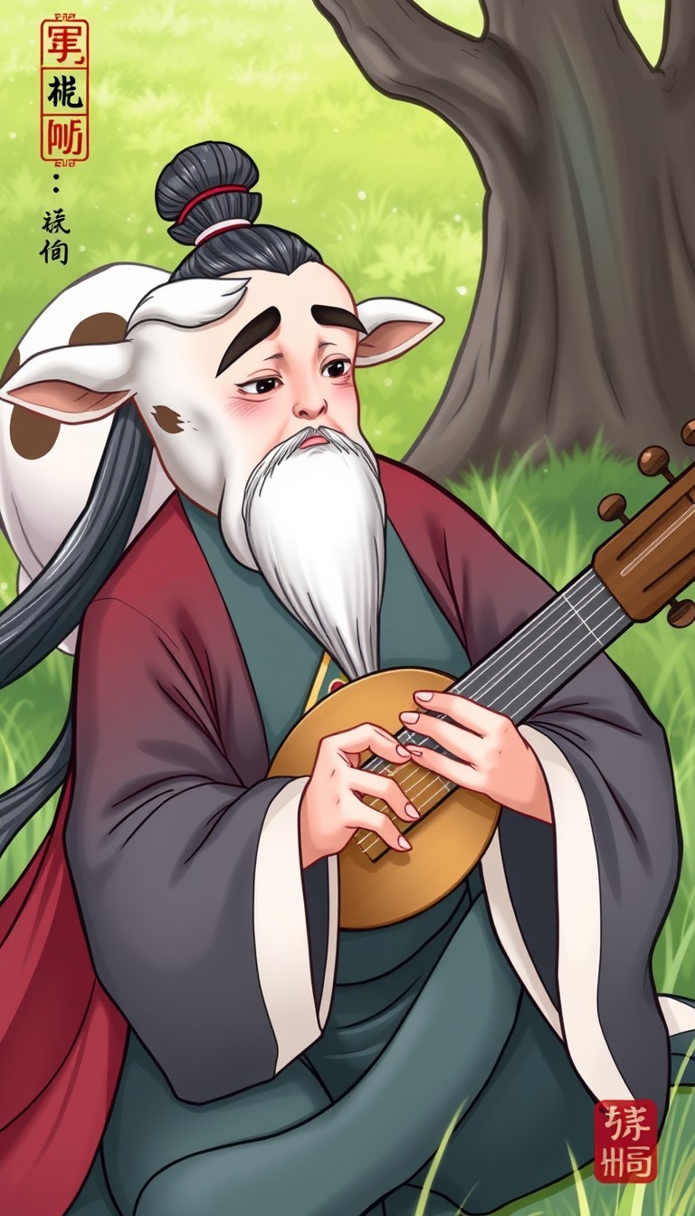 Gong Mingyi, in his traditional Chinese robes with long flowing hair in a bun, stops playing and looks puzzled. His eyebrows are furrowed, and he observes the cow's lack of reaction to his music. The background continues to show the lush greenery of the field. (illustration style, traditional Chinese art) - Image