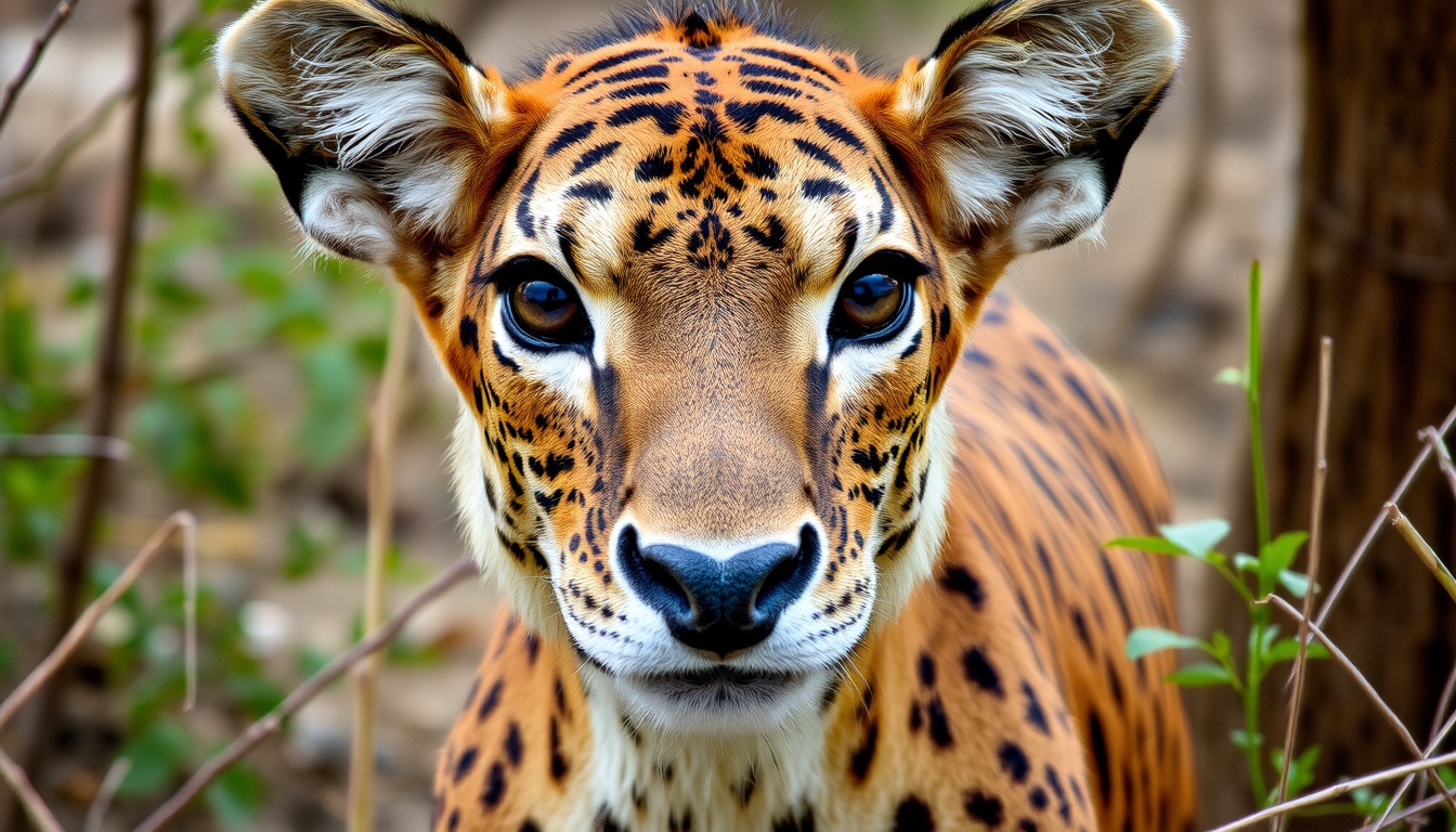 A stunning portrait of an endangered animal in its natural habitat, with a focus on its expressive eyes and the surrounding environment. - Image