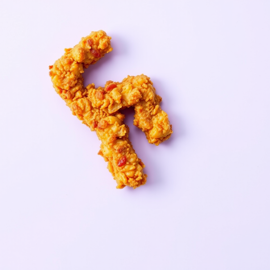 A letter "F" made of fried food on a light purple background, realistic photograph. - Image