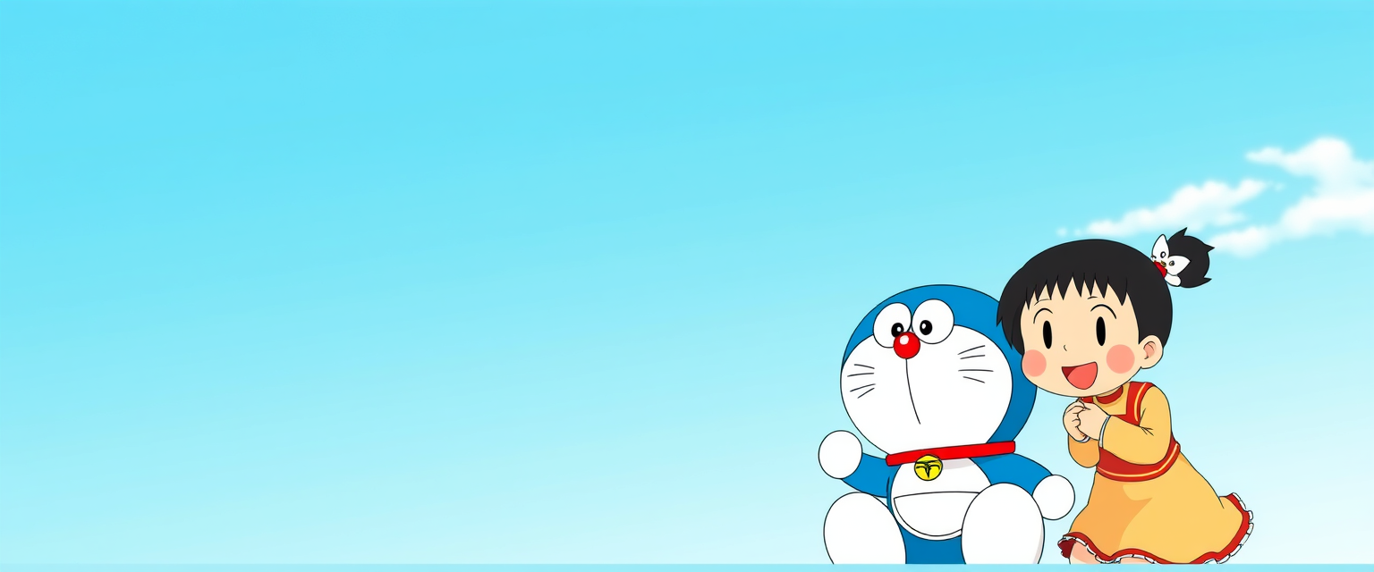 A background for LinkedIn profile, Pixar style, sky blue, Doraemon with Nobita and Shizuka.