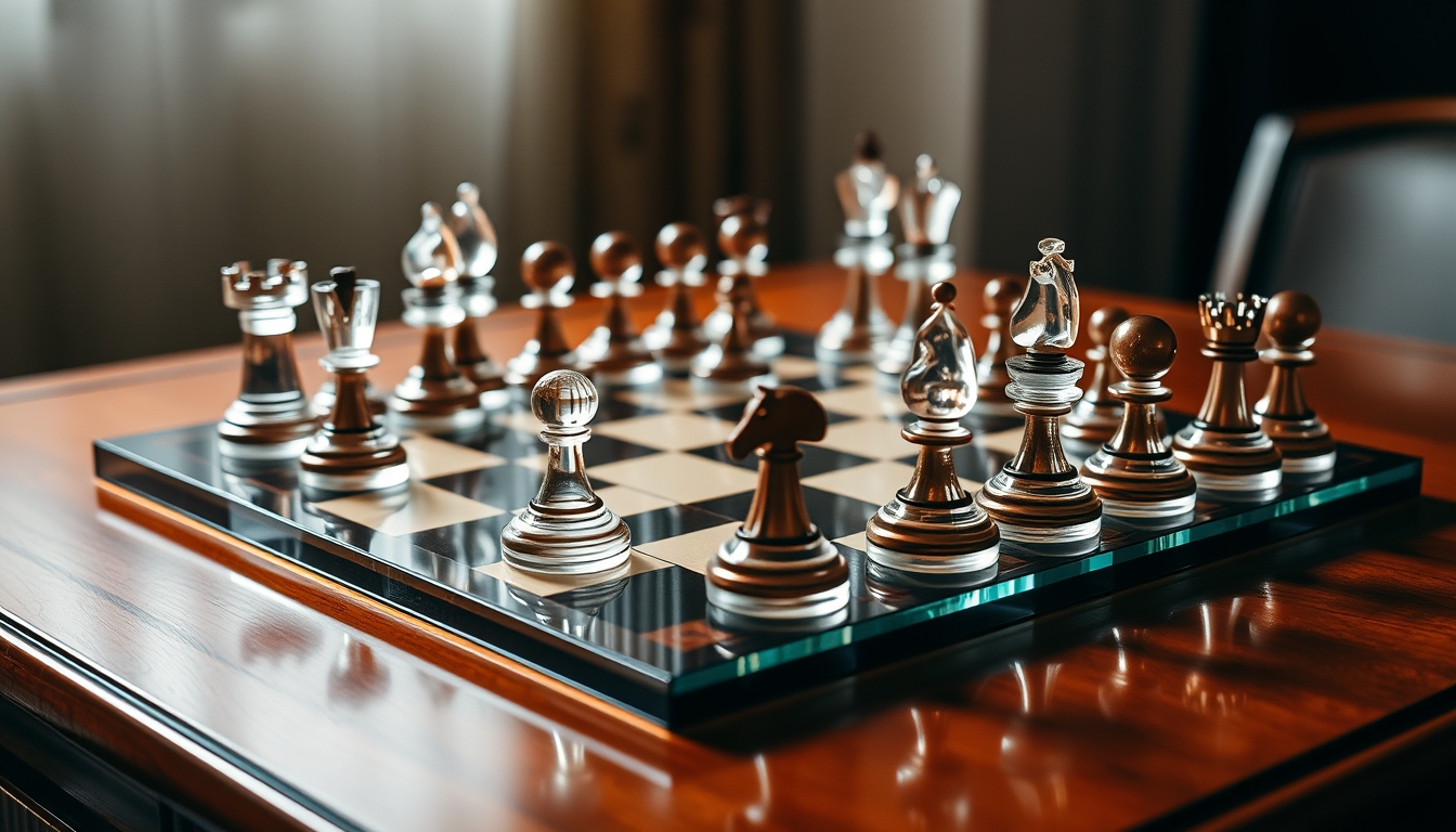 An elegant glass chess set on a polished wooden table, pieces mid-game.