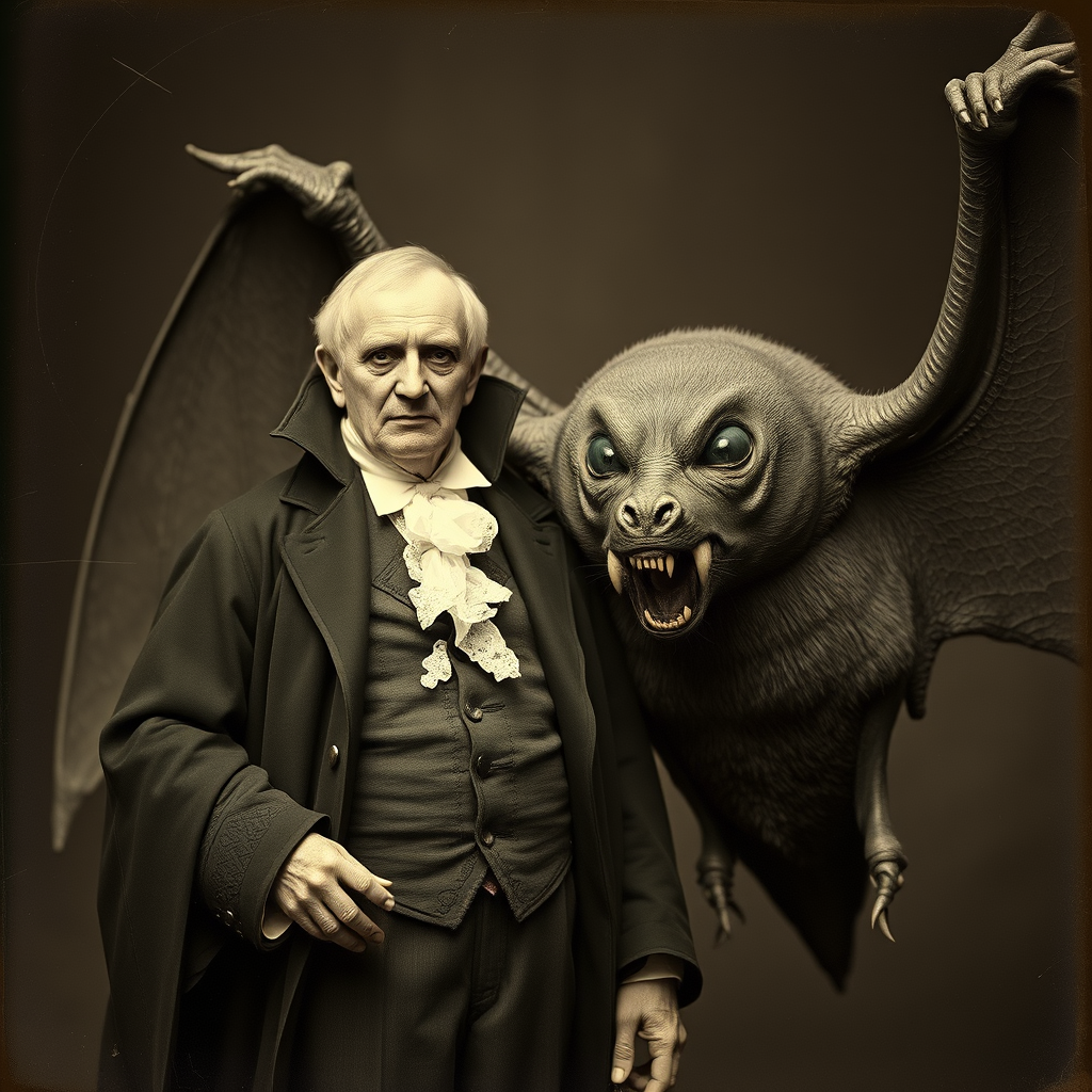 Old vampire man standing next to a giant bat monster, in the style of contemporary vintage photography, necronomicon illustrations, tabletop photography, 1890, hyperrealistic animal portraits, ghostly presence, whirring contrivances. - Image