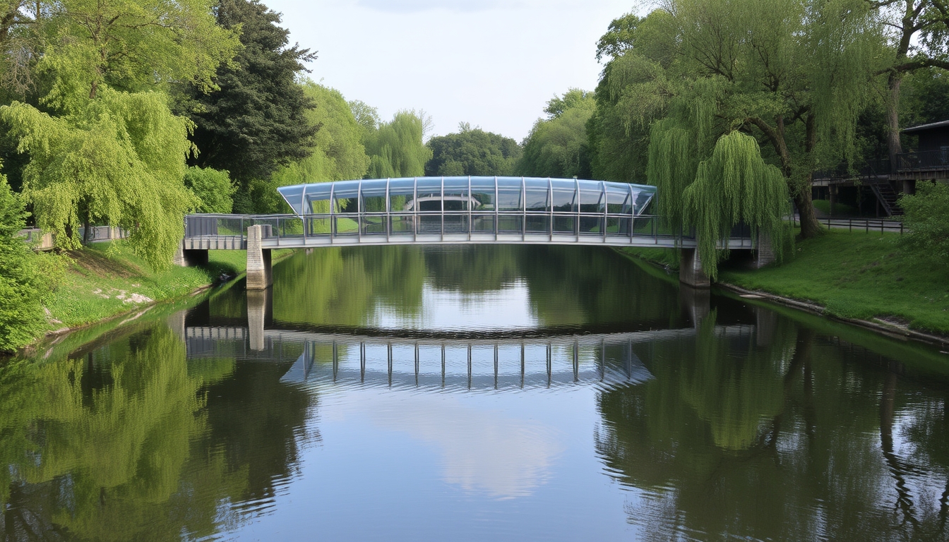 A serene river scene with a glass-bottomed bridge crossing over it. - Image