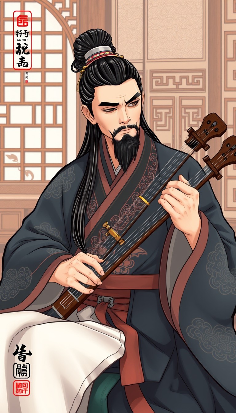 Illustration of an ancient Chinese musician named Gong Mingyi, wearing traditional Chinese robes with intricate patterns, playing a qin at home. His expression is focused and serene, with long flowing hair tied up in a traditional bun, elegant furnishings in the background. (traditional Chinese art) - Image