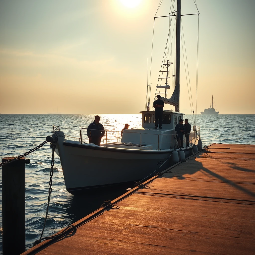 The morning sun bathes the dock in its gentle light, where a small boat quietly rests at its berth. The crew members are busily preparing for the voyage, their movements precise and powerful, each action a testament to their respect for the sea and their skilled craftsmanship. The captain, standing strong at the prow, fixes his determined gaze upon the horizon. As the engine roars to life, the boat slowly departs the dock, setting its course for the distant Cheung Chau Island. The sea breeze is fierce, filling the sails and propelling the vessel forward with steady resolve through the waves. This may be a simple journey, but it is filled with the spirit of exploring the unknown and a profound respect for the natural world. Cheung Chau Island, morning sunlight, pristine dock, ocean, high-definition, Sony photography, realistic style. - Image