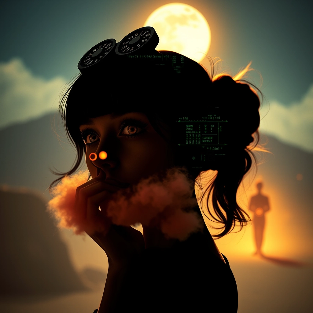 Silhouette of a fashionista model, beauty, Niji girl, nice curves, the cutest creature, big eyes, ultra small in her hand, perspective, pop rock, fluorescent collage, sci-fi, steampunk machinery, extra dust particle cloud, octane render, and paper art, ink art, Méliès, Jules Verne, big eyes creature from hell, burning mountain, vintage camera, double exposure, glitch particles, 3D moving, all multiverse layered, burning man in the back. - Image