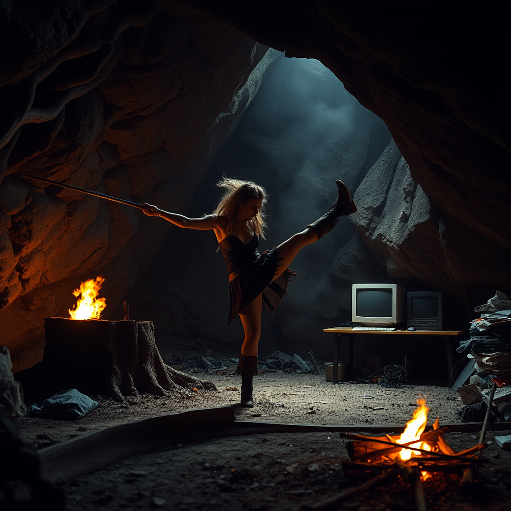 Real-life photography: At night, in the cave, there is a female barbarian kicking a tree stump. The cave is very large, with a bonfire, a 90s desktop computer, and some messy household items.