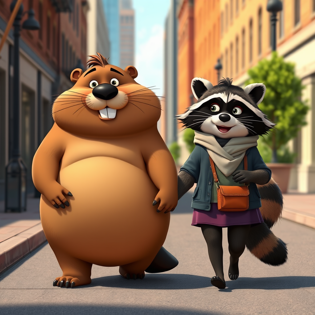 Fat guy beaver and girl raccoon are walking along a city street holding hands. Pixar, cartoon style, happy mood.