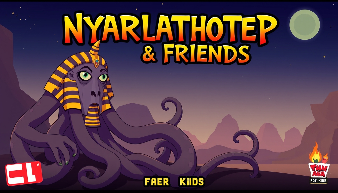 Poster for a TV show for kids called "Nyarlathotep & Friends" about an Egyptian god with tentacles. - Image