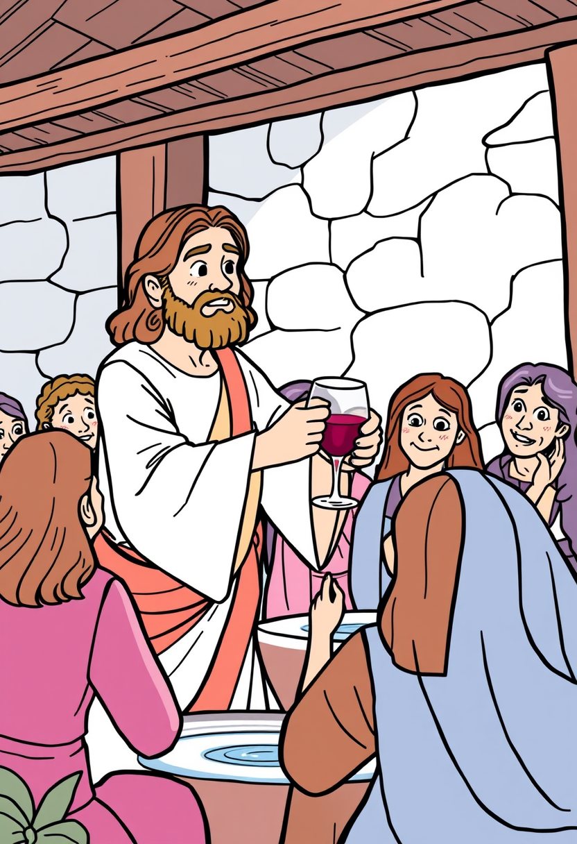 Create a scene of Jesus at the wedding in Cana, turning water into wine, with amazed guests in the background. a coloring book page, cartoon style, thick lines, low details, no shading. - Image