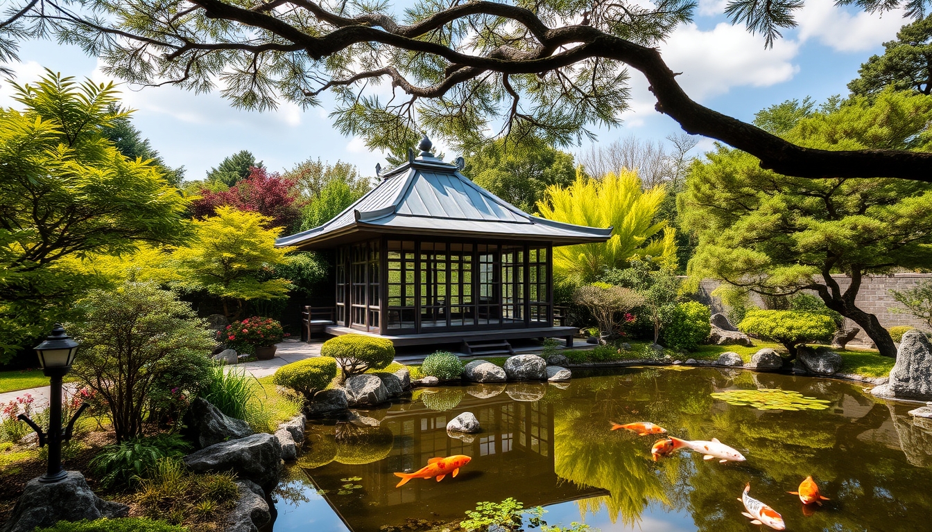 A serene Japanese garden with a glass teahouse overlooking a koi pond.