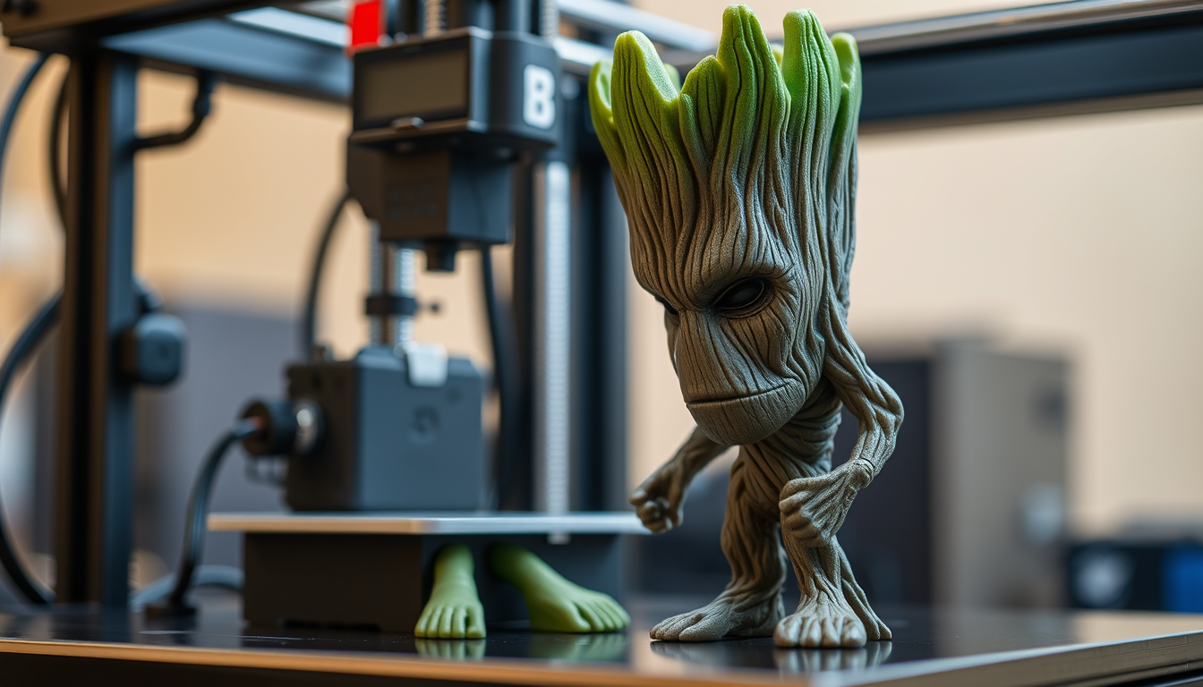 3D printer and Groot, focus on 3D printer, sharp focus. - Image