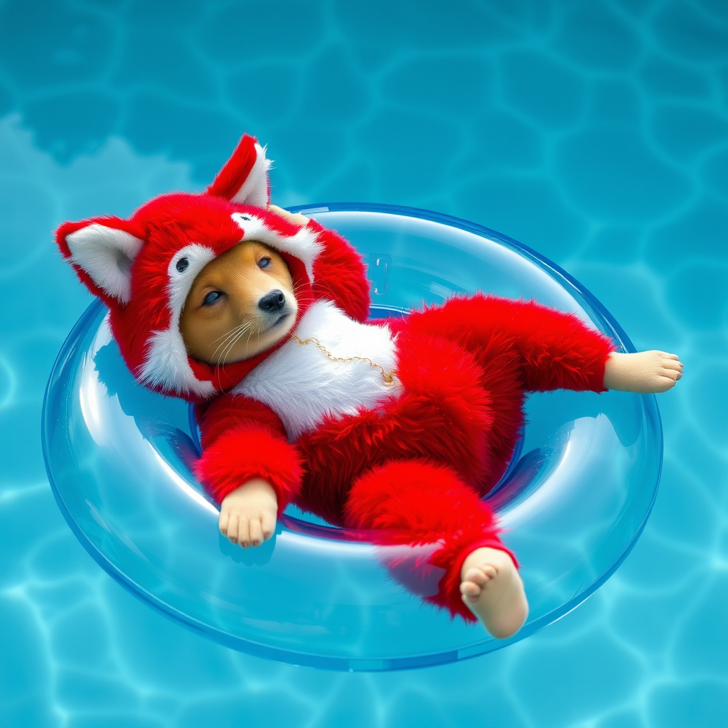 Aiden in red fox furry costume, lying on a blue transparent inflatable ring in the pool.