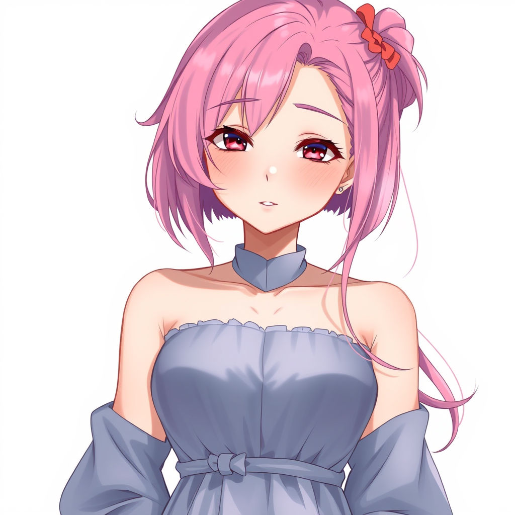 Anime art of a motherly woman, pink hair, dress, natural reflective, detailed body, standing, white background, stunning details, trending on artstation, anime artwork, illustration quality, soft shadows. - Image