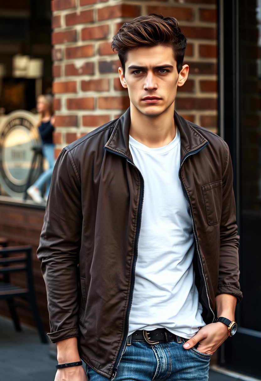 Christian Grey head and body shot, handsome young man, dark brown hair, serious face, white T-shirt, collage jacket, skinny jeans, sneakers, walking stylishly, near a cafe, hyper-realistic, street photography, brick wall, full body photo, morning scenery.