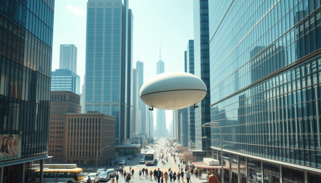 Create a high-resolution image of a breathtaking futuristic city. The skyline should be filled with towering skyscrapers. Include a light-colored elliptical balloon-type robot hurtling through the air with tiny black balancers on either side of the balloon. The balloon-shaped robot has a bird's eye view of the city. The streets should be bustling with people, featuring Asian faces, and individuals wearing fashion-forward styles. Focus on the small balloon-shaped robot performing its rounds in the sky, with beautiful sunlight reflecting on the glass surfaces of the buildings, creating an atmosphere of excitement and technological innovation. Very sharp and realistic details, 32K.