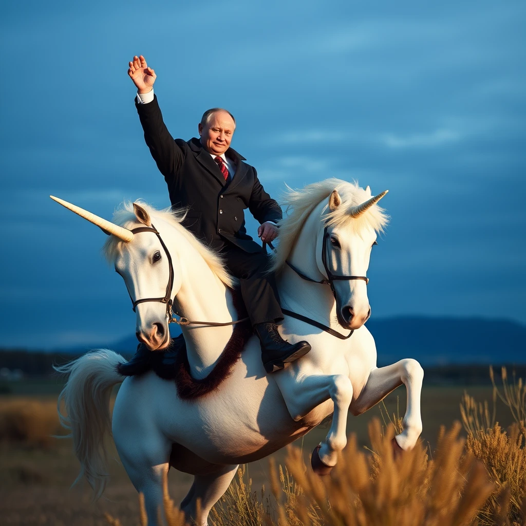 Vladimir Putin rides a unicorn, photography, dynamic shot.