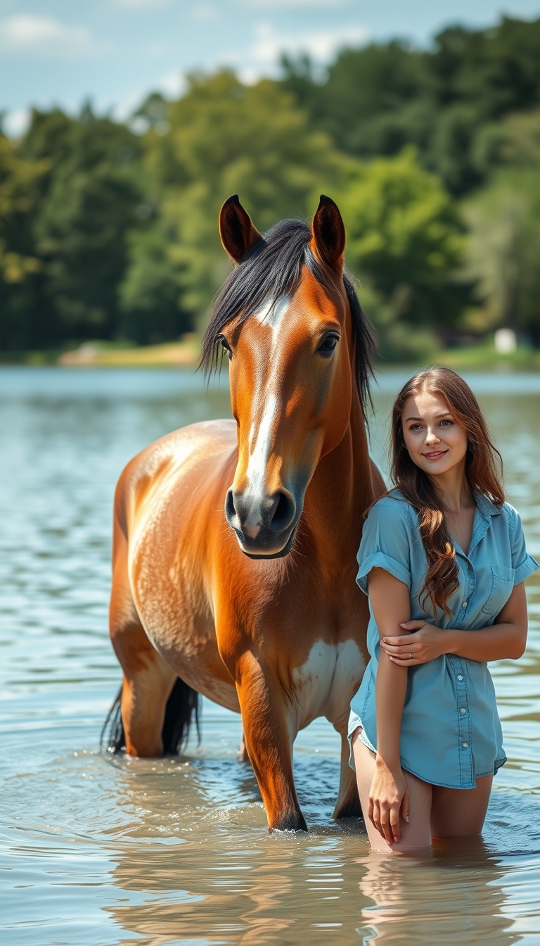 a realistic photo of an ugly brown horse with black mane and white belly, standing in water, a beautiful woman is near the horse wearing light blue shirt, summer, lake, nature, green trees, summer day, natural lighting, sunny, shot by National Geographic