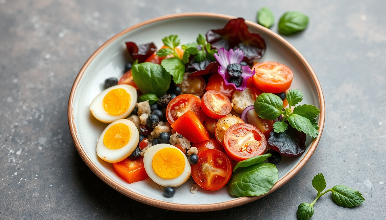 A beautifully composed shot of a healthy, plant-based meal, with vibrant colors and fresh ingredients arranged on a ceramic plate.