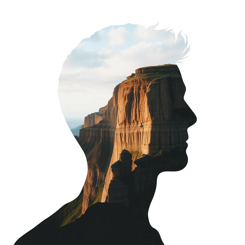 "[Abstract style cliff] within the outline of a [man's] head, this is a double exposure photo. Non-representational, colors and shapes, emotional expression, imaginative, very detailed."