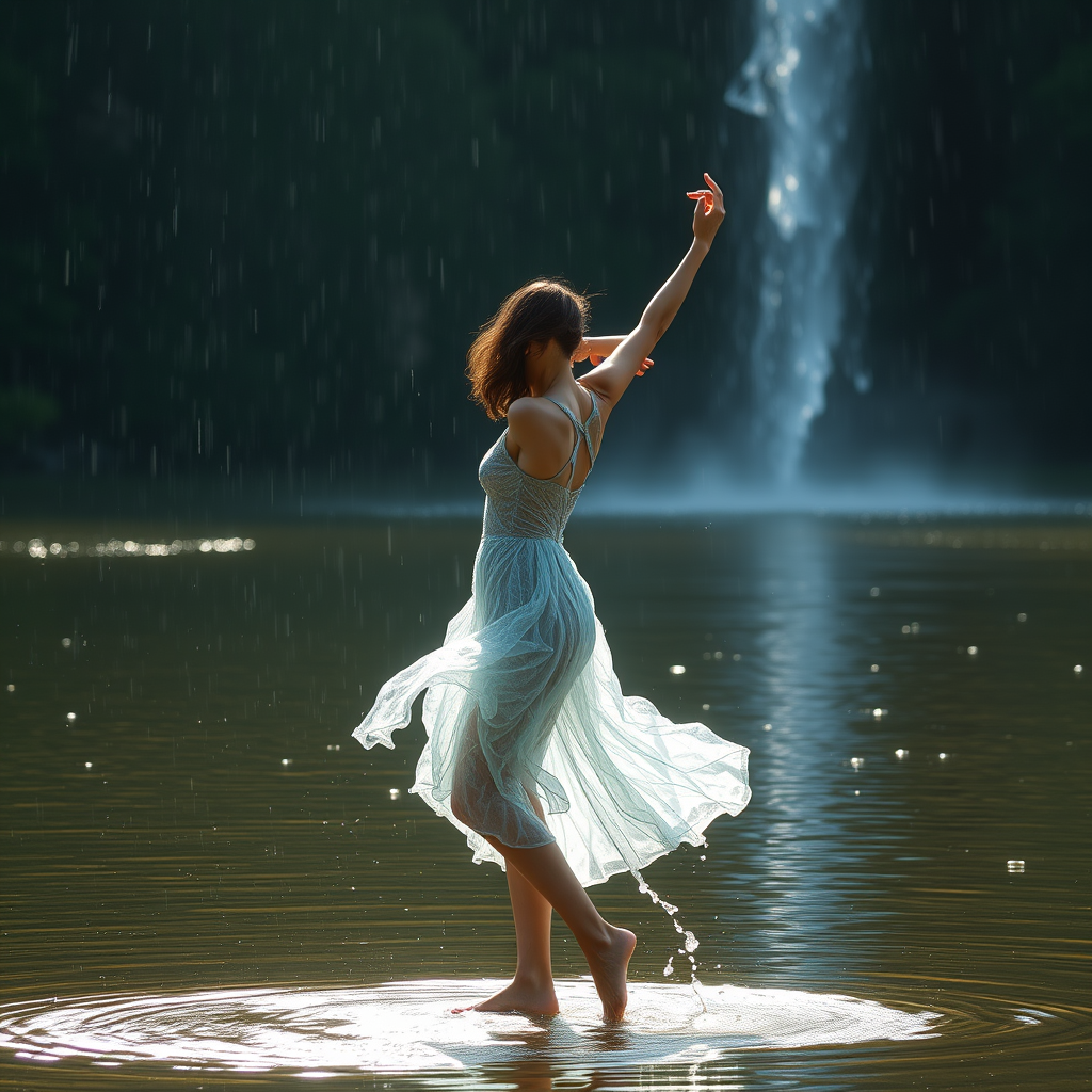 Riverside, a dancing woman wearing a dress made of water, side view, full body view, strong light falls on her, water pours from the sky.