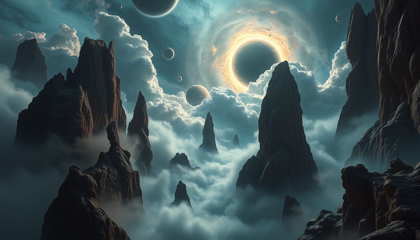 A mysterious planet filled with thick gas fog, in the sky there is a super massive black hole, rocks floating without gravity, a stunning and spectacular view, with towering rock formations carved by the wind and erosion illuminated by the light, the sky filled with mysterious nebula clouds. Masterpiece, extremely detailed. - Image