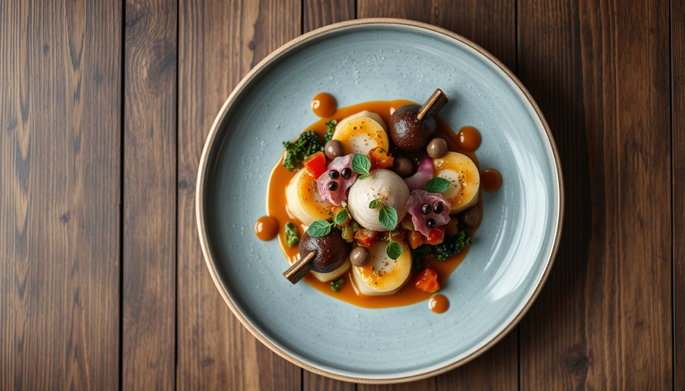 A top-down view of a beautifully arranged gourmet dish, with vibrant colors and textures, placed on a rustic wooden table, highlighting the artistry of food. - Image