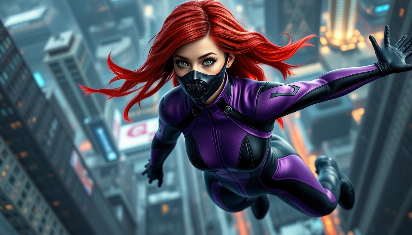 I used Flux AI Image Generator to create this image of a woman with red hair and green eyes. She's wearing a skintight black and purple spandex suit. The suit has a high collar and long sleeves. She's wearing a black metallic mask and gliding through the air. We can see every detail of her outfit from head to toe, including her boots. The background is a futuristic city. I love this image; it's like something out of a fantasy movie.