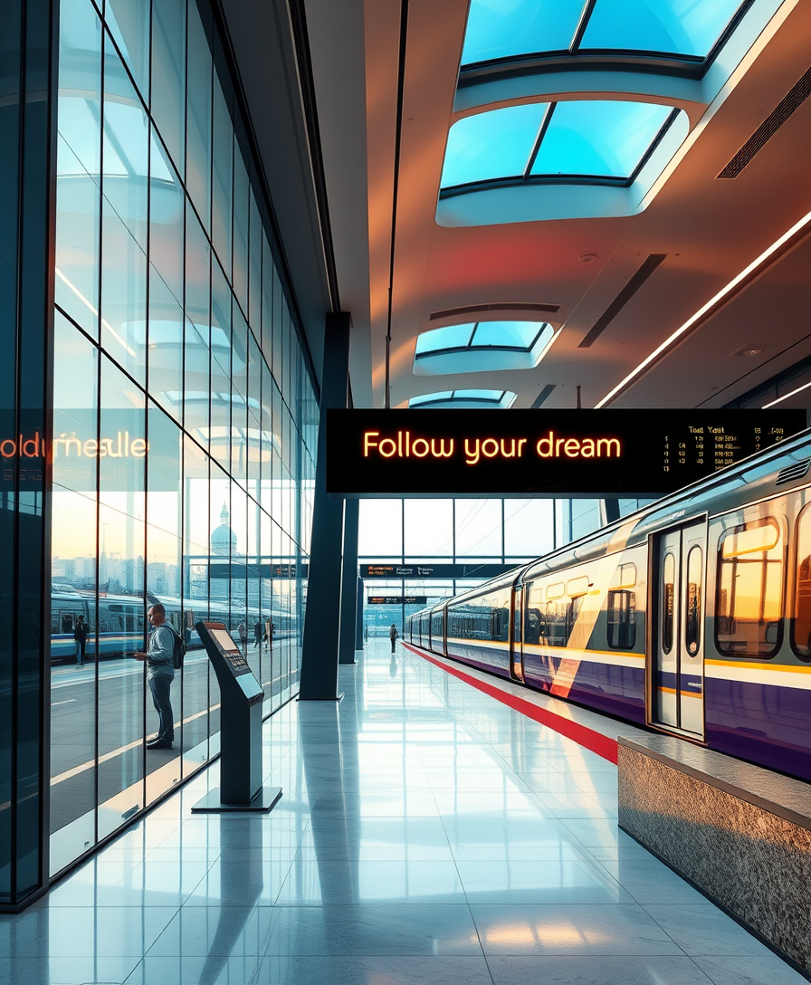 Futuristic interior of the railway station, with beautiful lighting. The glass walls offer stunning views of the city landscape on one side and a standing train on the other side. The train timetable board says "Follow your dream" in large neon letters. The design of the station is concise and modern, with a shining marble floor, with clear lines and a sense of sophistication.