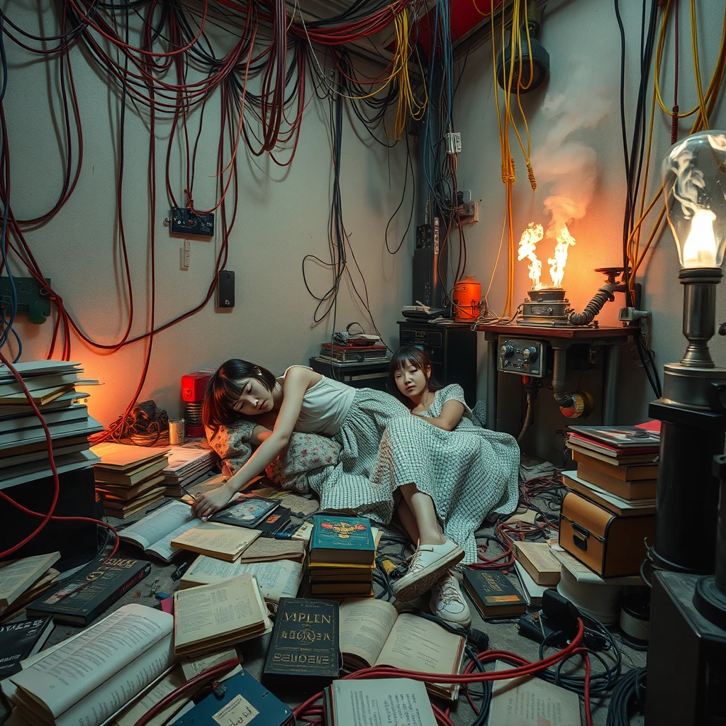 A real-life photograph, wide shot, of two Japanese teenage girls sleeping in the corner of a room. The room has some books scattered messily, and many wires of varying thicknesses are on the floor and in the air, including red, blue, yellow, and other colors. Additionally, there are some machines emitting steam and fire. The lighting is dim, and there are some plants. - Image