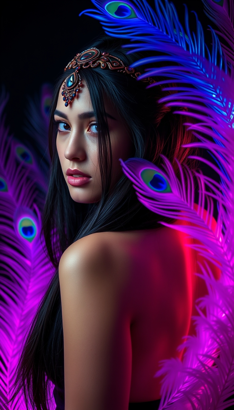 A portrait of a young woman in a dramatic, backlit setting, surrounded by vibrant, colorful peacock feathers. The woman has long, dark hair styled with an ornate headpiece, and a tattoo visible on her exposed back. The feathers are illuminated in shades of pink, blue, and purple, creating a mesmerizing, otherworldly atmosphere. The background is dark, allowing the feathers and the woman's features to be the focal point. Highly detailed, with a sense of movement and energy. Rendered in a photorealistic style. - Image