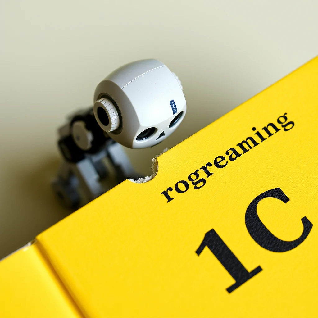 The robot bit off the corner of a yellow book labeled 1C programming.