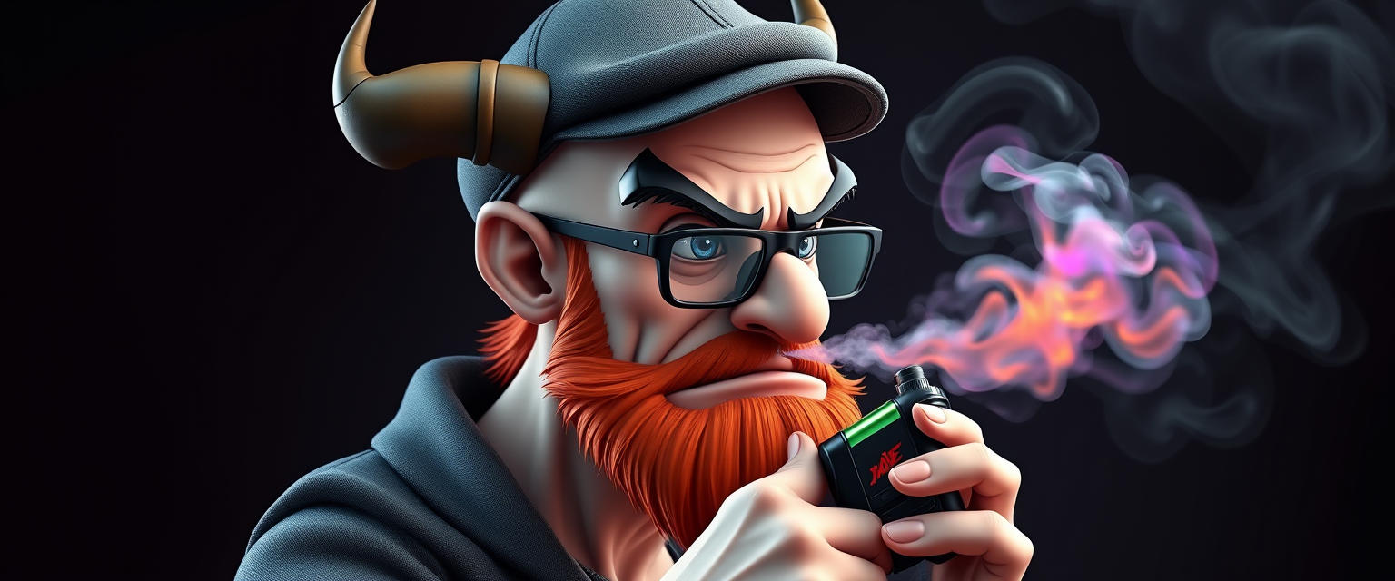 Three-quarter view of a sinister, bald cartoon human male with necromancer lich features. Demonic horns, short fiery ginger beard contrasts with dark eyebrows. Wears a weathered flat cap and aviator glasses. Clutches a sleek vape mod, exhaling dense, swirling vapor clouds. Vibrant e-liquid drips off his pale skin, creating a colorful aura. 3D rendered.