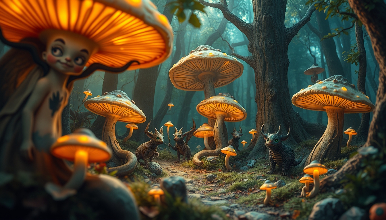 A whimsical forest scene with glowing mushrooms and mythical creatures, intricately detailed.