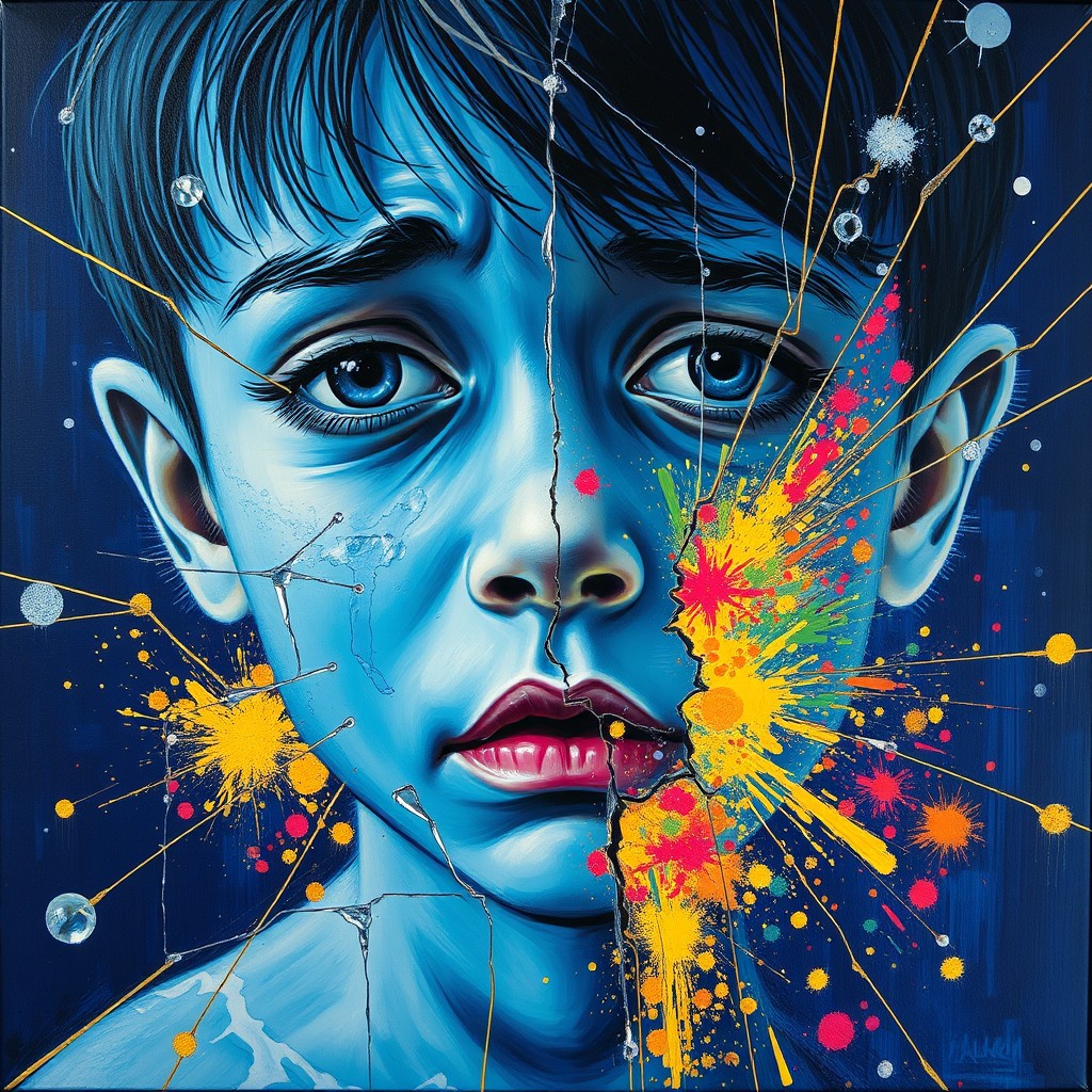 It's an abstract painting, close up, a weeping boy with blue skin and a broken face, surrounded by glass breakage and gold lines on a dark blue background, a colorful explosion from the spillage of powder.